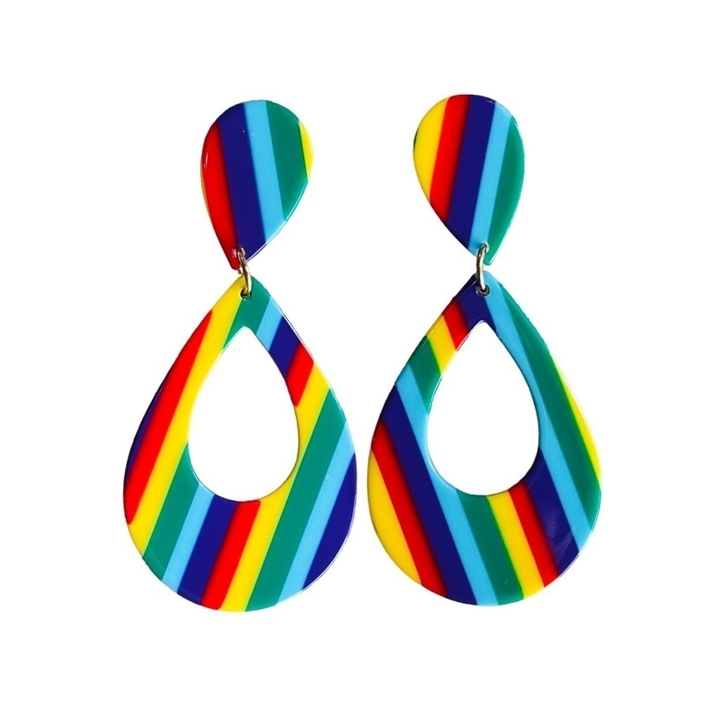New Retro Vintage Style  Fun Colorful Striped Dangle Rainbow Earrings LGBTQ - Picture 3 of 7